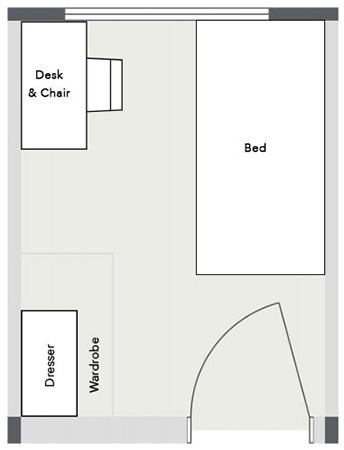 The Single Room features one bed on the right and a desk, dresser, and wardrobe on the left.