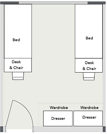 The Double Room shows two beds with attached desks along the side walls, and wardrobes with dressers at the foot of the room.