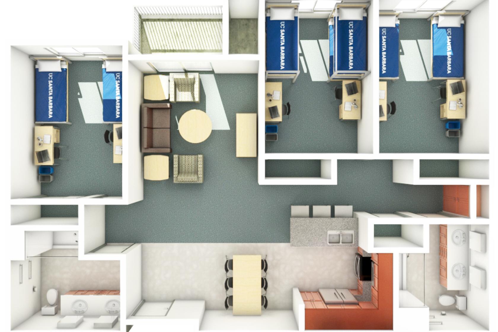 view of a Sierra Madre Villages three-bedroom apartment from the top