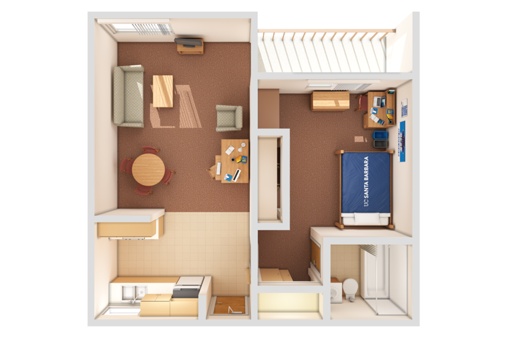view of a West Campus Family one-bedroom from the top