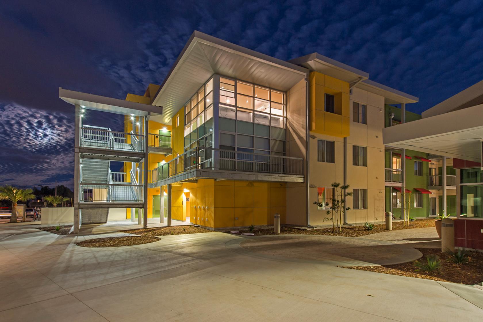 exterior of Sierra Madre Villages at night